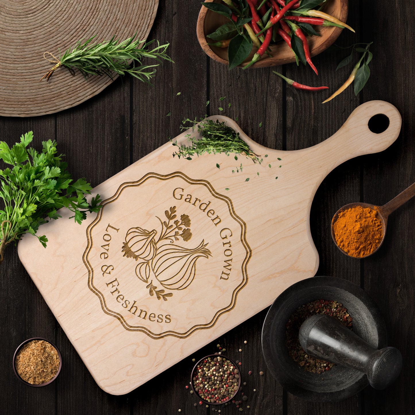 Garden Grown Love & Freshness - Hardwood Paddle Cutting Board