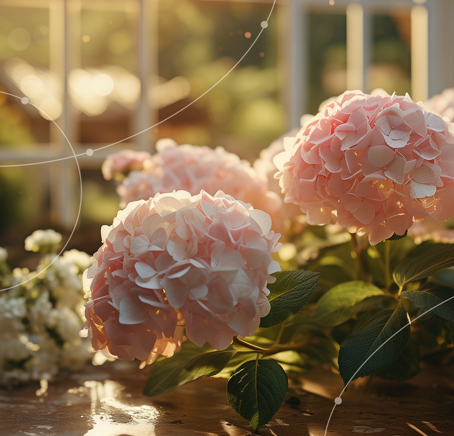 A close up of some cut hydrangea blooms on a table in the garden