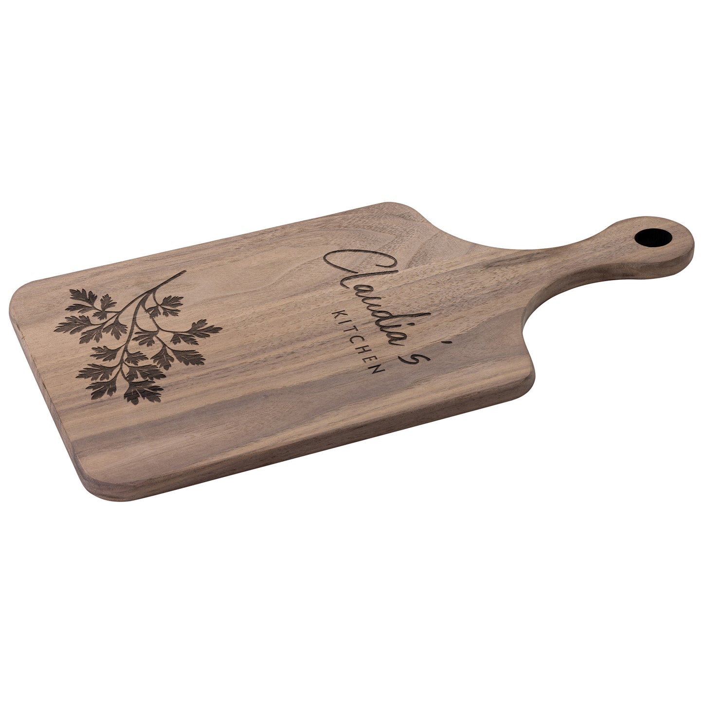 Personalized Hardwood Paddle-Style Cutting Board (Parsley)