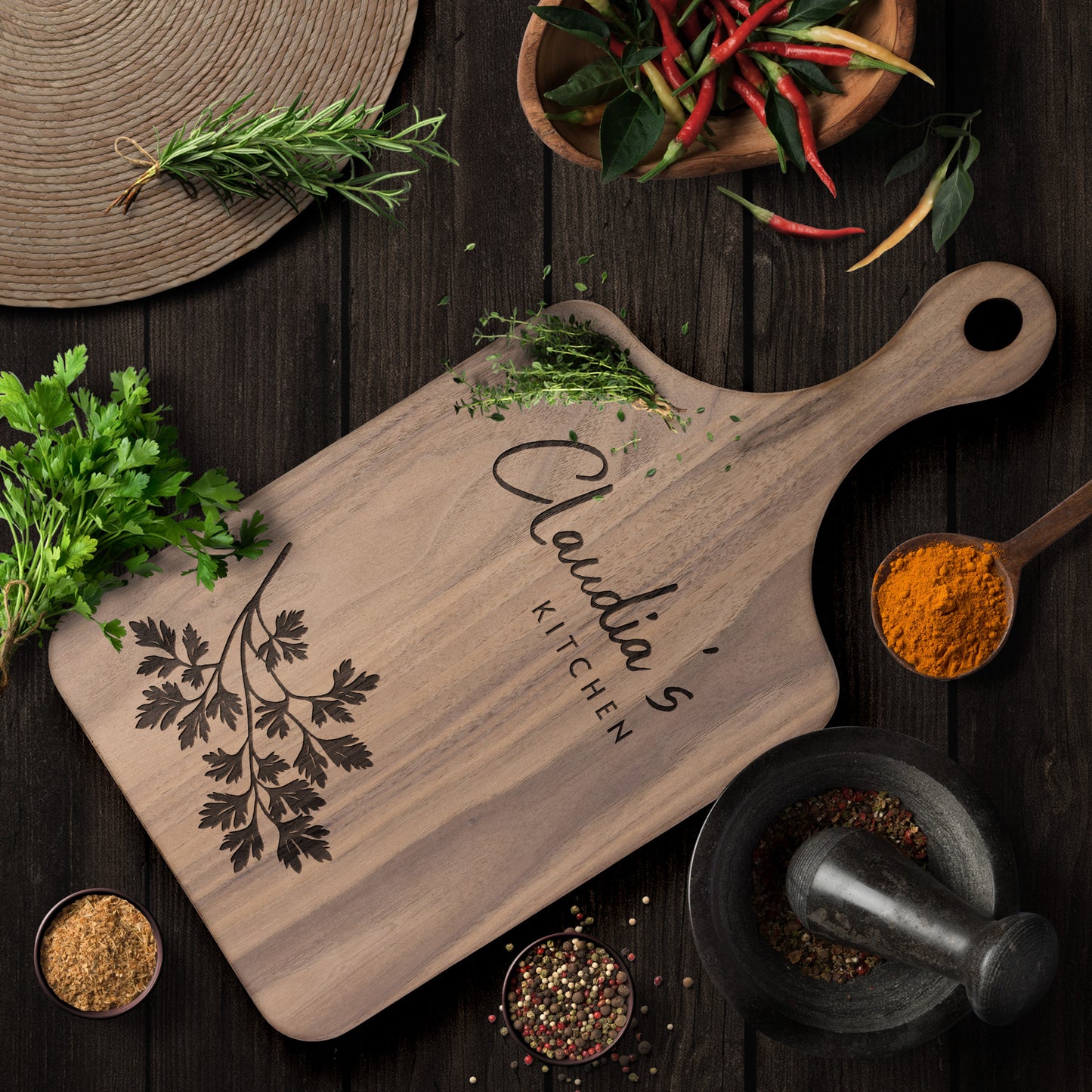 Personalized Hardwood Paddle-Style Cutting Board (Parsley)