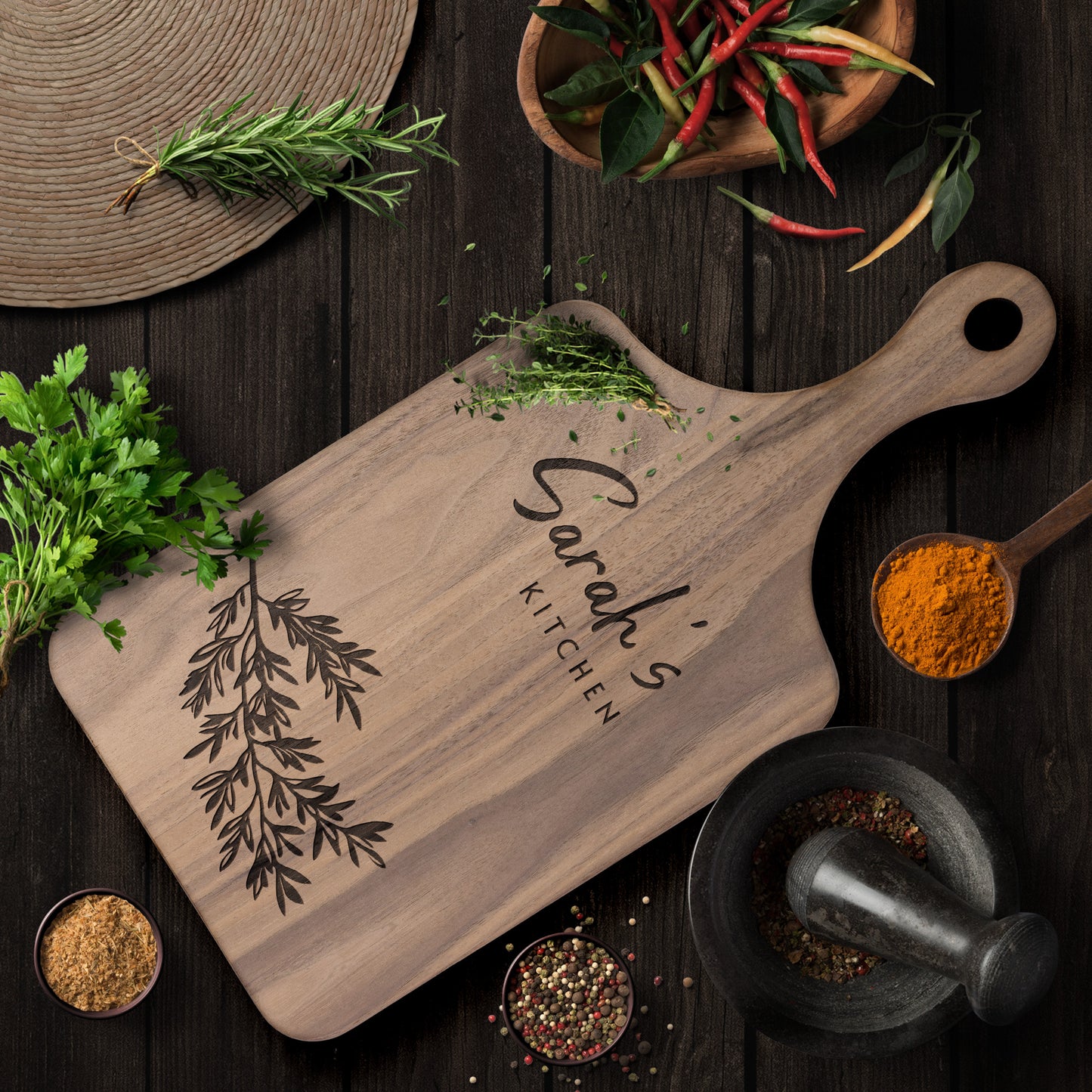 Personalized Hardwood Paddle-Style Cutting Board (Rosemary)