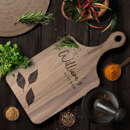 Personalized Hardwood Paddle-Style Cutting Board (Bay leaves)