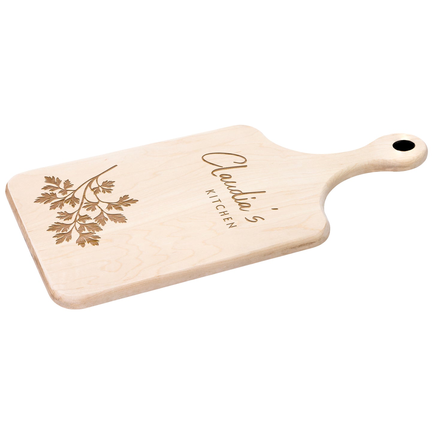 Personalized Hardwood Paddle-Style Cutting Board (Parsley)