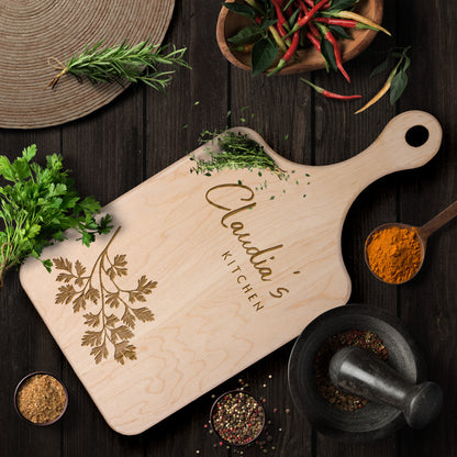 Personalized Hardwood Paddle-Style Cutting Board (Parsley)