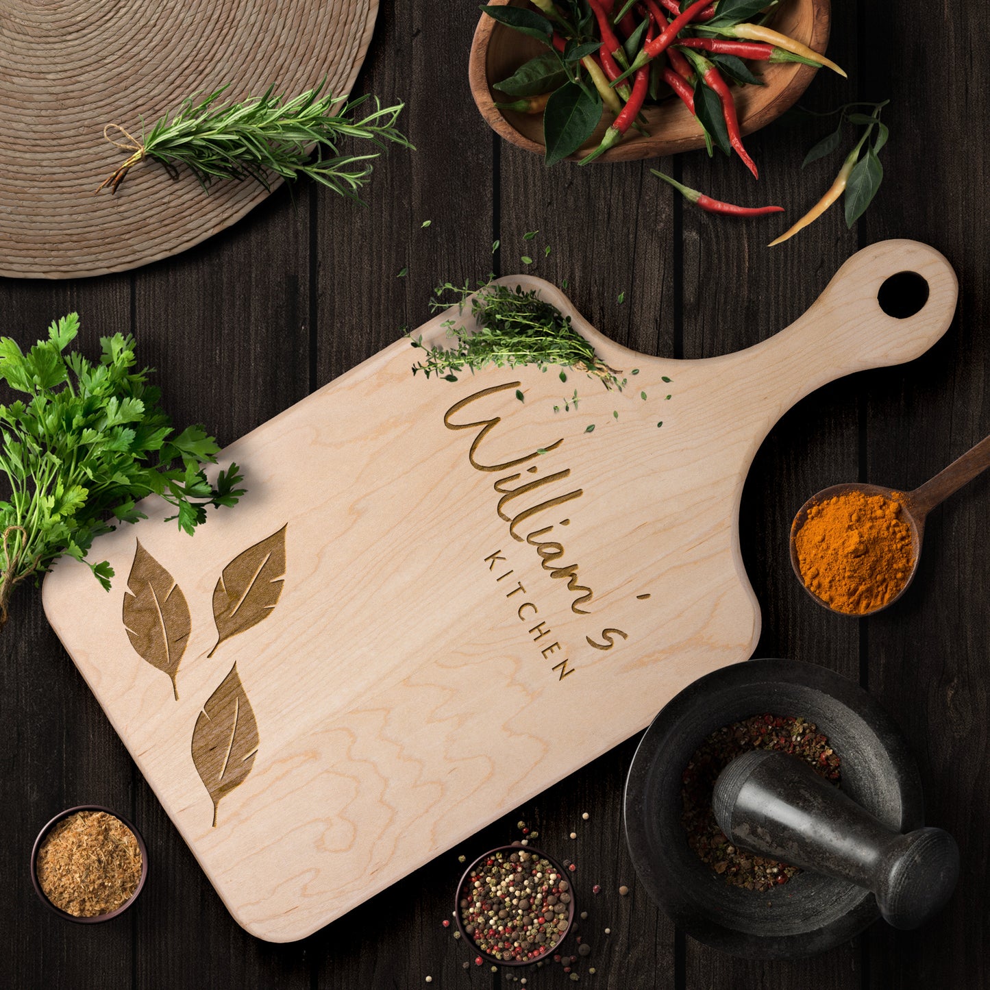 Personalized Hardwood Paddle-Style Cutting Board (Bay leaves)