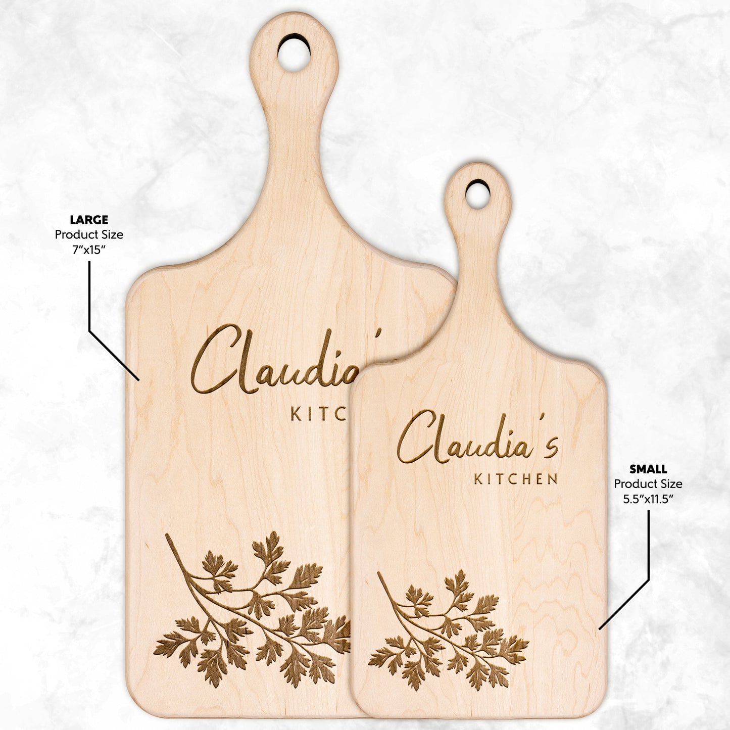 Personalized Hardwood Paddle-Style Cutting Board (Parsley)