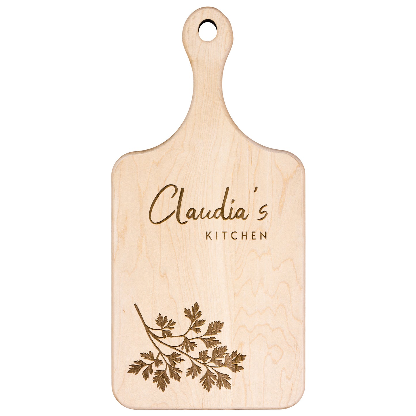 Personalized Hardwood Paddle-Style Cutting Board (Parsley)